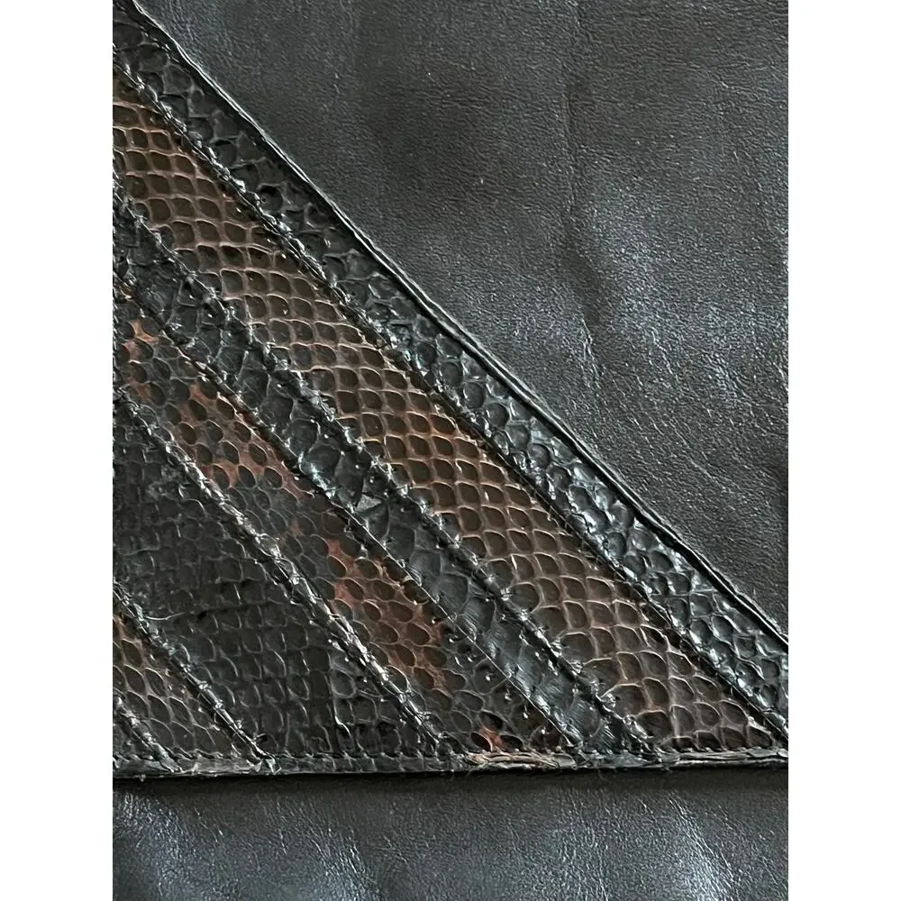 Vintage 70s David Mehler DAME Black Leather Envelope Clutch Snakeskin Trim